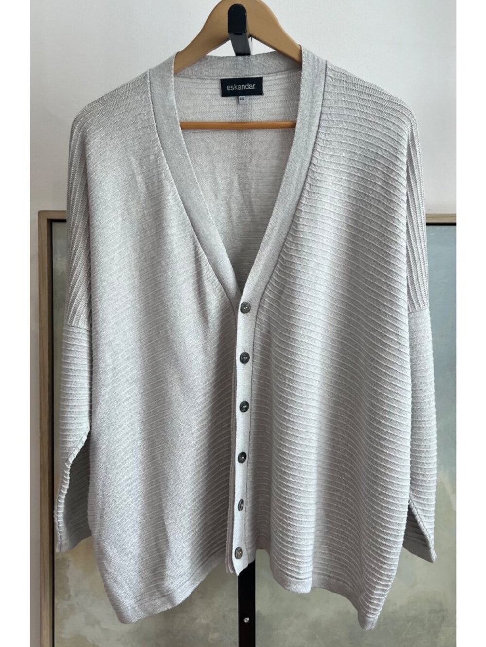Eskandar Silk Knit Ribbed Cardigan One Size  Light Gray